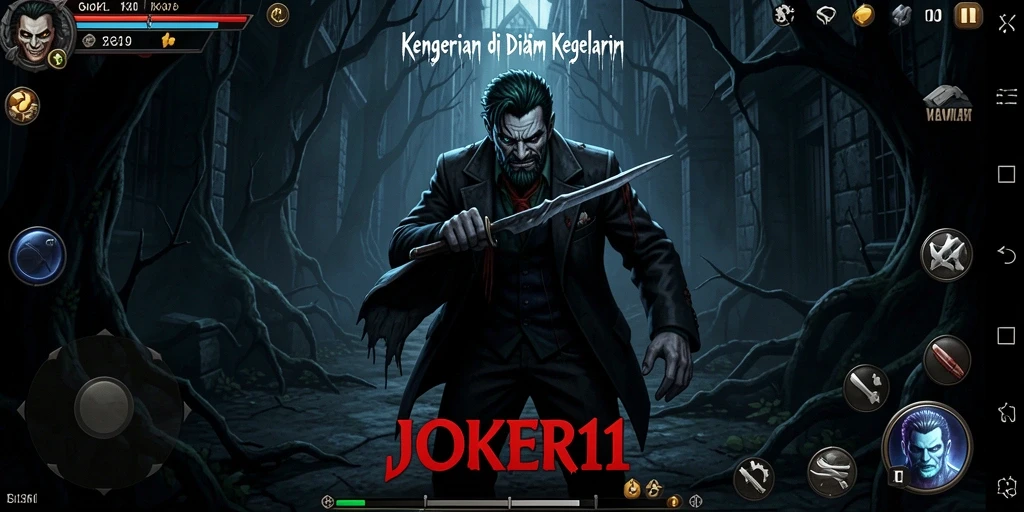 Screenshot JOKER11 menampilkan gameplay menegangkan di lokasi angker.